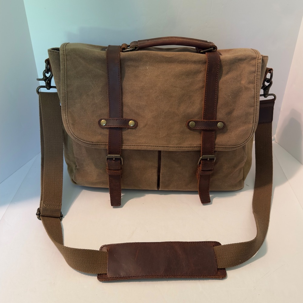 Rugged Waxed Canvas Leather Messenger Bag Khaki Brown Laptop Satchel Briefcase